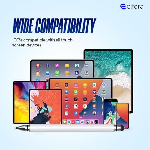 Image of Elfora 2 in 1 Universal Stylus Pen for iOS, Android & Windows | High Precision Capacitive Pen with Replaceable Nib | Lightweight Aluminum Body | Fine Point Disc Tip Touch Screen(White)