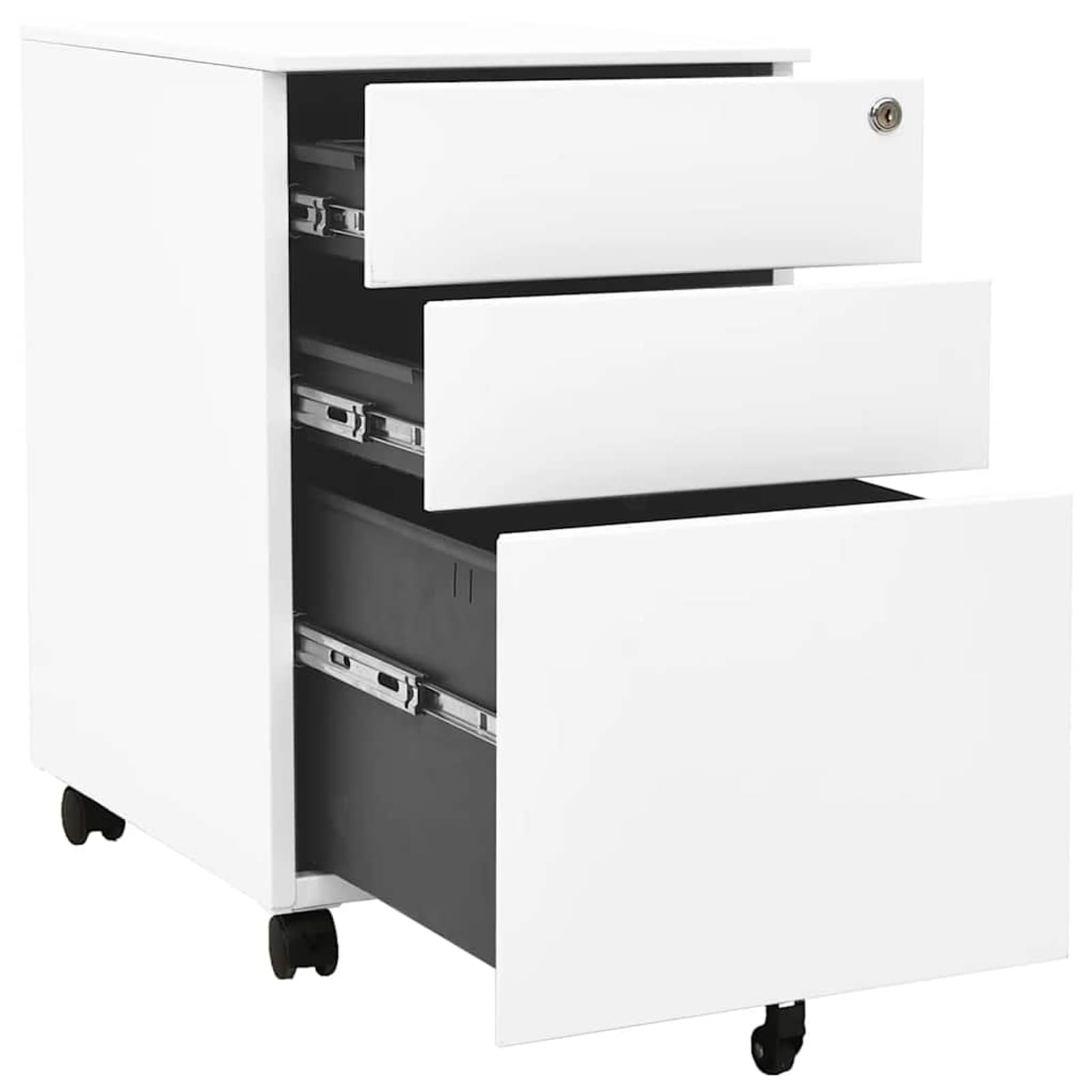 Armadietto per documenti su ruote, 39 x 45 x 60 cm, in acciaio bianco, con 3 cassetti completamente estraibili, compatibile con A4/legale, organizzazione ufficio