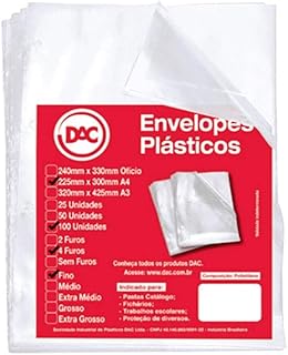 Blister 100 Envelopes A4 Fino 4 Furos, Dac, Blister 100 Envelopes A4 Fino 4 Furos 5070A4-100, Transparente, 5070A4-100