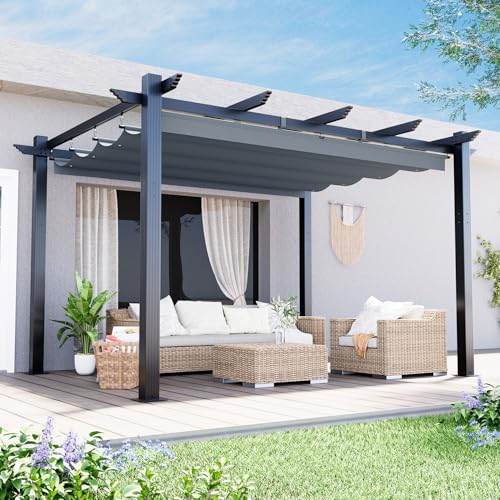 Eslohnt 3x4m Metall Pergola mit Einziehbarem Dach Alu-Gartenpergola mit Verstellbarem Sonnenschutz für Terrasse Party & Grill Dunkelgrau