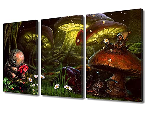 Canvas Wall Art For Bedroom Colorful Fantasy Mushrooms With White Little Daisy Paintings Glowing Mushroom Forest Landscape Canvas Art Pictures Artwork 3 Pieces Wall Decor For Living Room, 36"Wx24"H #TOP28