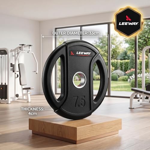 Image of Leeway Olympic Rubber Weight Plates for Home Gym | 7.5 Kg Pair | 51mm Bore | Dual-Grip Rubber Plates with Metal Ring | Anti-Rust Barbell & Dumbbell Bumper Weight for Home Gym & Commercial, (Black, 7.5kg Pair (7.5X2))