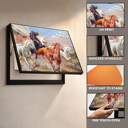 Image of Electric MCB Box Cover Frame With Hydraulic Decorative White 7 Running Horse Painting Electrical Panel box Cover, Switch Box Frame Will Fit Max 15x20 inch Switch Board, Outer Box Size 17X23 Inch