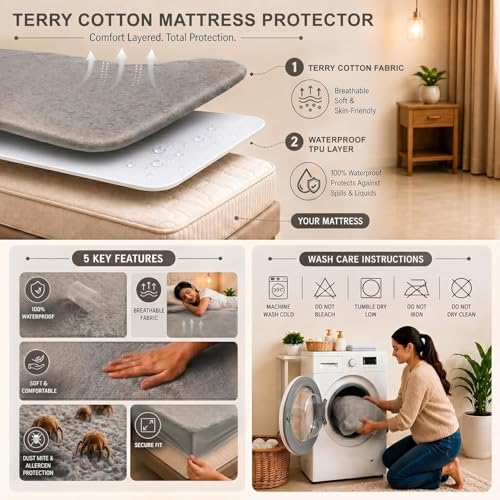Image of Cotton Feel Terry 78x60 inch Ultra Soft Waterproof Mattress Protector Queen Size | Breathable Hypoallergenic Mattresses Cover for Queen Size Bed (Grey)