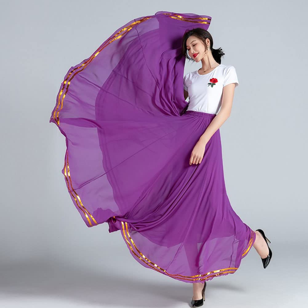 GUOCU Femme A-Ligne Jupon Long Jupe Brillante en Mousseline de Soie Square Dance Maxi Danseuse de Ballet Jupe Performance Flamenco Tribal Training Danse du Ventre