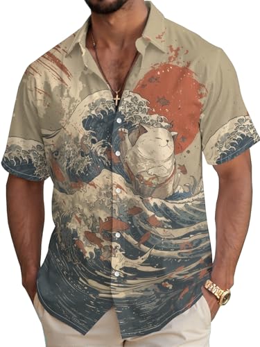 Funny Ukiyoe Hawaiian Shirt for Men Cat Fishing Casual...