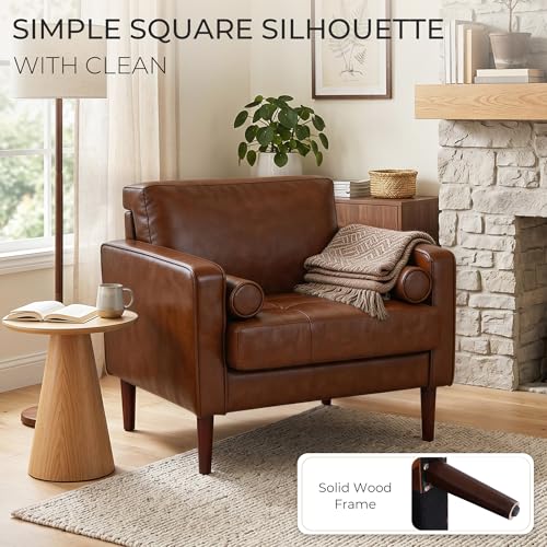 Image of Faux Leahter Accent Chairs Stet of 2, Comfy Upholstered Armchairs for Living Room, Modern Bedroom Reading Seat with 2 Bolster Pillows, Brown