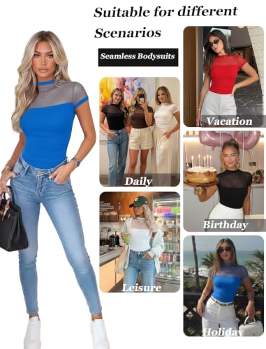 Image of Avidlove Women's Short Sleeve Bodysuit Turtle Neck Body Suits Mesh One Piece Leotard Going Out Tops Date Outfits
