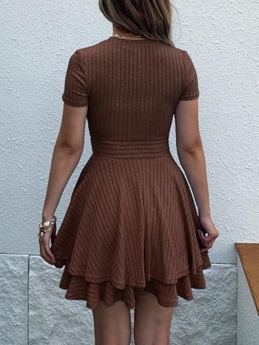 Image of Womens Summer Mini Dresses Short Sleeve Casual Crewneck Knitted Crochet Flowy Tiered Sundress