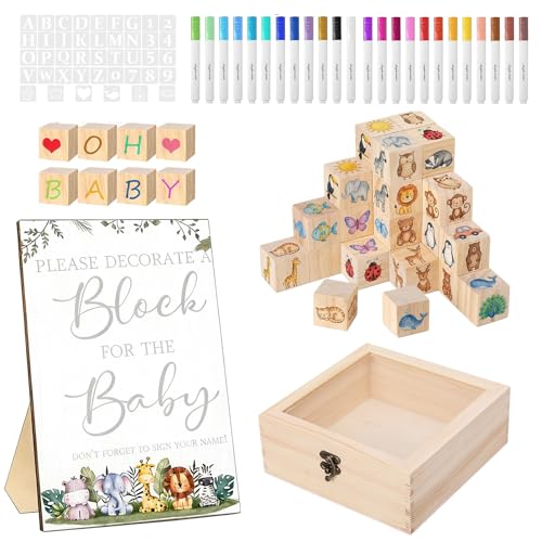 118 Stück Babyparty Spiele Set - Babyshowerparty Spiele Holz, mit 50 Naturholzblöcken, 42 Schablonen, 24 Acrylstiften, Holzplakette und Holzbox, geeignet für babyparty