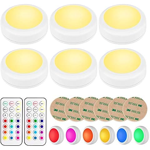 BLS AA-1062 LED Wireless Puck Lights with Remote Control and Timer, Push Lights 3 AA Battery Operated, Colour Changing Push Lights, Stick on Anywhere for Kitchen Cupboard, 6 Pack Cover