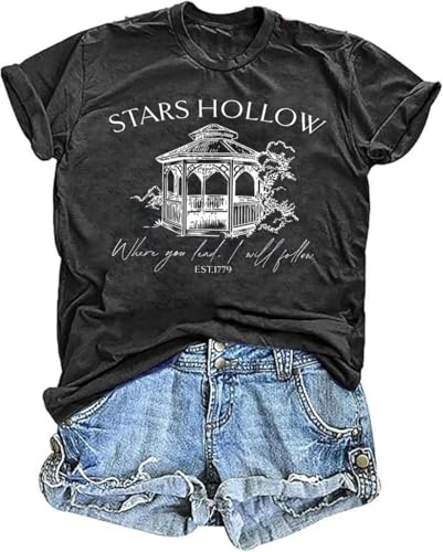 Stars Hollow T Shirt for Women Halloween Cute Fall Shirt Funny Print Letter Autumn Festival Short Sleeve Tee Tops