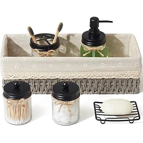 DHAEE Bathroom Storage Set(6PCS) - Storage Basket for Organizing,Mason Jar,Apothecary Jar,Toothbrush Holder,Lotion Soap Dispenser,Soap Dish,Home,Farmhouse,Rustic Decor Accessories Sets Cover