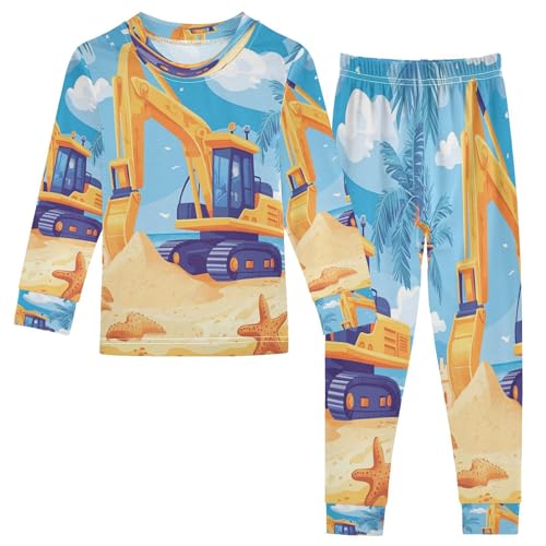 Pajama Sets Long Sleeve Yellow Excavator Car Beach Soft Comfy Sleepwear 2 Piece PJS 3-8T