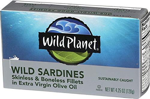 Wild Planet Wild Sardines in Extra Virgin Olive Oil with Sea Salt, Skinless & Boneless, Tinned Fish 4.25 Ounce (Pack of 12)