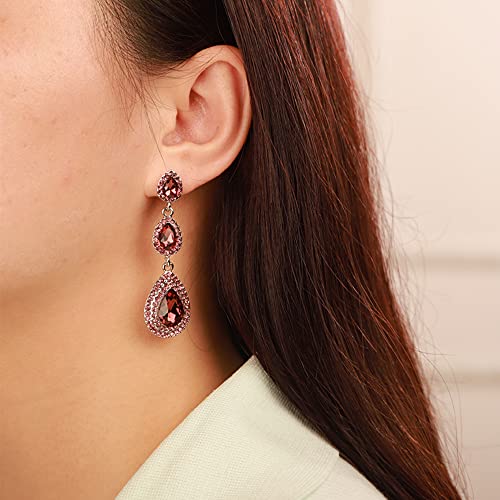 Kercisbeauty Vintage Teardrop Dangle Wine Rhinestones Earrings for Women Wedding Bridal Long Stud Earrings for Women (Wine)2