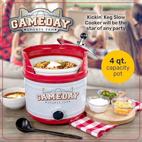 Nostalgia Game Day 4-Quart Kickin' Keg Slow Cooker with Lid and Ladle, Long-Lasting Ceramic Material and Keg-Like Appearance, Cooks Chicken Wings, Meatballs, Chilli, Cheese, Soup, Stews, and More