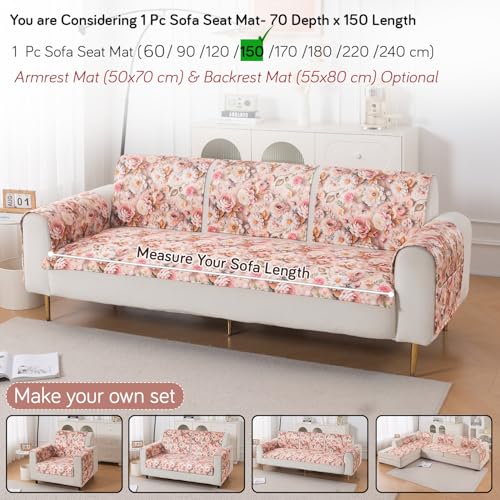 Image of HOKIPO 'Nature Muse' Premium HD Printed Holland Velvet Sofa Cover Mat for 1 /2 /3 Seater & L-Shape Sofa. Make Your Own Sofa Cover Set, Mat 70(D) x 150(L) cm, Rose Symphony (IN-916-D5)