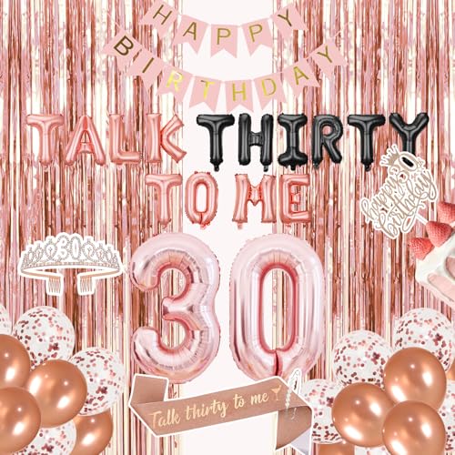 Dirty 30th Birthday Decorations for Her Talk Thirty to Me Party Supplies for Women in Pink Rose Gold with Sash and Crown Banner Balloons