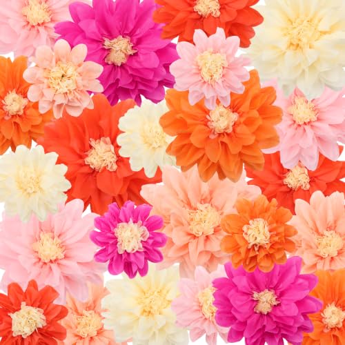 Image of Geyee 18 Pcs Mexican Paper Flowers Colorful Fiesta Tissue Paper Flowers Pom Poms Mexican Carnival for Floral Party Backdrop Wedding Birthday Party Craft (Pink Orange Series,6 inch 8 inch 10 inch)