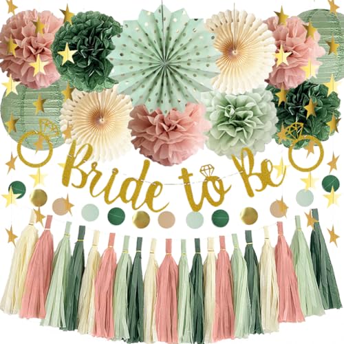 Hen Party Decoration Sage Green and Dusty Pink Bridal Shower Decorations Bride To Be Banner Olive Sage Green Dusty Pink Paper Fans Pom Poms Paper Tassel Garlands for Wedding Hen Do Party Decor