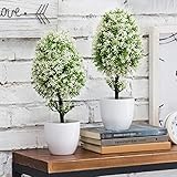 MyGift Set of 2 Small Artificial Topiary Trees, Faux Tabletop Greenery in White Planter Pots