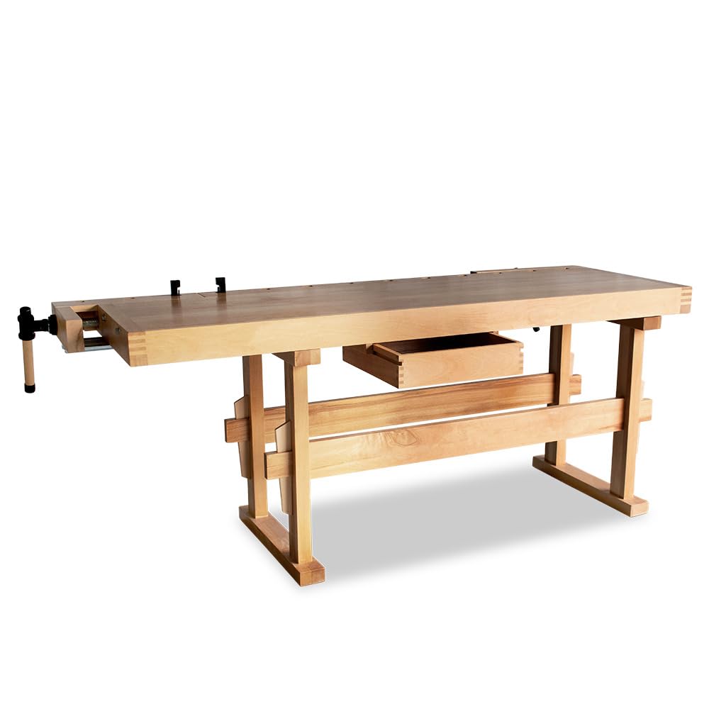 BAMATO Hobelbank WORK-2100 Buchenholz Werkbank Massivholz Werkstatt Tisch | Robuste Massivholz-Werkbank aus Buche mit 82,5cm Arbeitshöhe | 2 stabile Spannzangen & geräumige Schublade für Werkzeuge