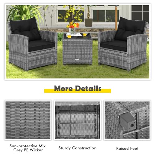 Image of Tangkula 3 Pieces Patio Furniture Set, Outdoor PE Rattan Conversation Chair Set with Tempered Glass Side Table and Removable Cushions, PE Wicker Chairs and Table Set for Porch, Balcony and Garden
