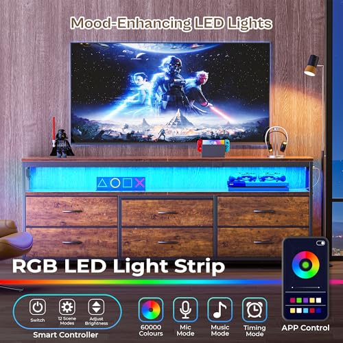 Huuger 63 Inch TV Stand for 55, 65, 70 Inch TV, Long Dresser TV Stand for Bedroom, LED TV Stand with Power Outlets, Rustic Fabric Drawer Dresser with Storage, Entertainment Center for Living Room