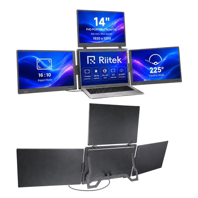 RIITEK 14" Quad Monitor Laptop Screen Extender - Portable FHD 1080P IPS Monitor with 1 Cable Connection Compatible with Window (10,11) / Mac (M1 M2 M3) for 13.6" -17.3" Laptop