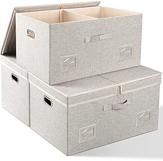 75 Quarts Extra Large Decorative Storage Bins with Lids, 3 Packs Beige Collapsible Storage Bins with Lids, Stackable Storage Bins Decorative Box Storage With Lid Extra Large