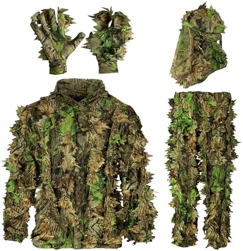 AYIN Ghillie Suit For Men, Hunting Suits 3D Leaf Bush Gillie Suit Camo Turkey Hunting, Hooded Gillies Camo Hunting Suits (SM/MD, Green Leaf)
