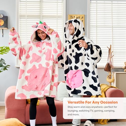 Image of Giggling Getup Wearable Blanket Hoodie for Women and Men Sherpa Fleece Hooded Blanket Sweatshirt Warm Cozy Sherpa Wearable Throw Oversized Hoodie with Giant Pocket & Sleeves for Adult Strawberry Cow