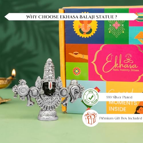 Image of Ekhasa Pure 999 Silver Plated Tirupati Balaji Venkateshwara Idol with Gift Box | Lord Venkateswara Face Perumal Statue Pooja Room | Religious Housewarming Griha Pravesh Diwali Gift