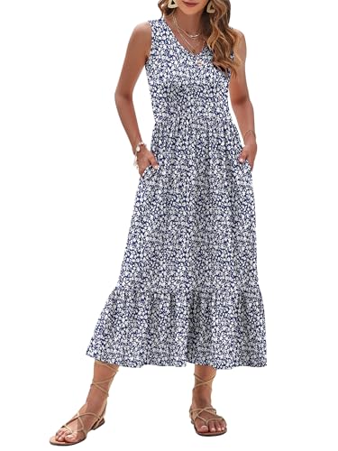 Image of AUSELILY Womens Summer Maxi Dress Casual Sleeveless V Neck Floral Dresses | A line shape with practical side pockets, Vacation dress for resort walks, Pair with low heels and simple jewelry