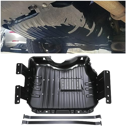 ECOTRIC Fuel Tank Skid Plate Cover w/Straps Compatible with 1999-2004 Jeep Grand Cherokee Replacement for 52100376AB 52100376AD 52100376AE 52100376AF 52100376AG Steel Fuel Tank Brush Guard