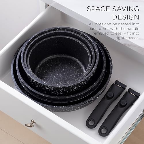 Image of Country Kitchen Cookware Set with Removable Handle, Oven & RV Safe Pots and Pans Set, Black, Deluxe Larger Set