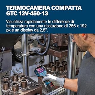 Bosch Professional TermoGTC 12V-450-13 (risoluzione 256x192 px, da -20°C a +450 °C, doppia fonte di alimentazione, adattatore batteria AA1, 4x 1,5 V LR6 AA, custodia, cavo USB-C®, scatola pieghevole)