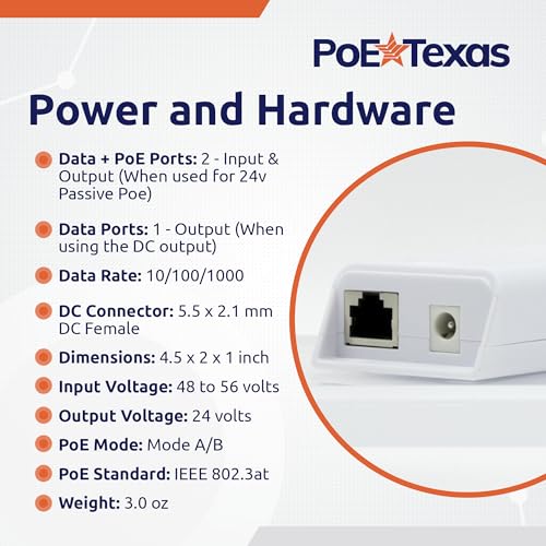 PoE Texas 48v to 24v PoE Converter - Inline PoE Splitter with 24 Volt 25 Watt PoE or DC - Converts IEEE 802.3at PoE+ to 24V Passive PoE or 24V DC Output with Gigabit Data for Ubiquiti and Mikrotik 6