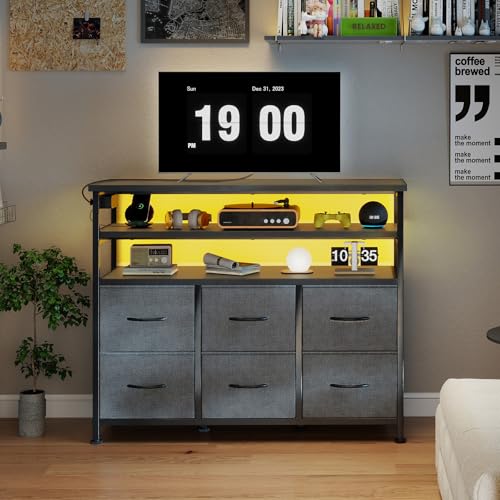 Image of DUMOS TV Stand for Up to 45 inch TV, Entertainment Center with Remote or App-Controlled LED Lights & Charging Station, Media Console Table with 6 Fabric Drawers, 2 Shelves for Living Room, Grey
