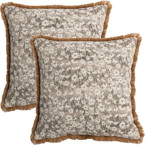 Image of Tennove Cushion Covers 45x45cm Set of 2 Decorative Farmhouse Floral Daisy Throw Pillow Covers with Tassels Soft Chenille Vintage Pillowcases for Sofa Bed Chair Home Decor, Light Brown