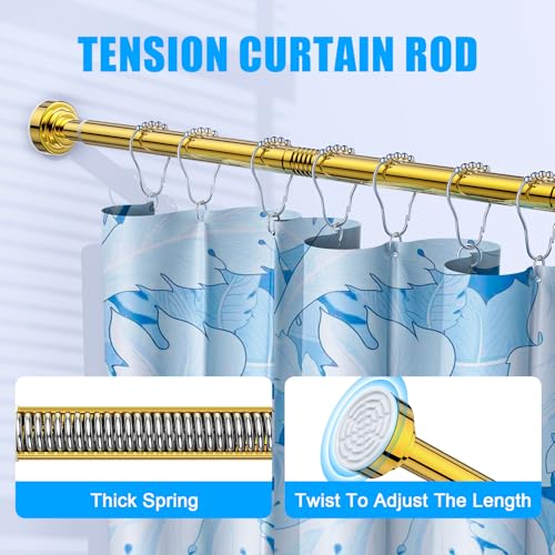 Image of TEECK Shower Curtain Rod, 27-76 inch Adjustable Spring Tension Curtain Rod, Never Rust Anti-Slip Shower Curtain Rod for Bathroom, No Drilling, Never Collapse, Easy to Use, Gold