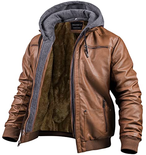 Herren Kunstleder Jacke Motorradjacke Wasserdicht Winddicht PU Moto Oberbekleidung Vintage Bomber Hoodie mit abnehmbarer Kapuze, Mit braunem Samt gefüttert, X-Large