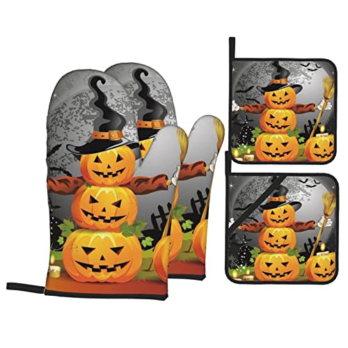 Halloween Pumpkins Printed Oven Mitts And Pot Holders Set Of 4 Heat Resistant Non-Slip Waterproof Oven Gloves For Grilling Bbq Cooking Baking Kitchen Microwave Pizza #TOP8