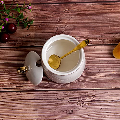 Ceramics Sugar Bowl Saltbox With Lid And Spoon Condiment Pots Seasoning Box 8Oz, Gold White #TOP3