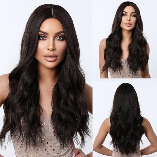 Umbrion Middle Part Long Wavy Human Hair Wigs Natural Black