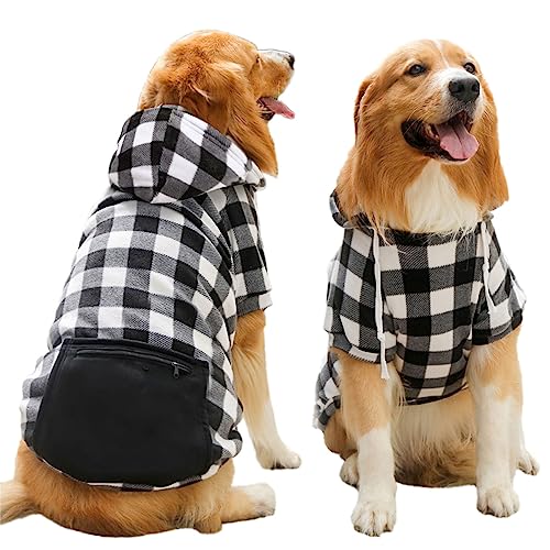 Dog Hoodies with Pocket Pet Clothes Warm Hoodie Sweater for Small Medium Large Dogs White Plaid 5XL