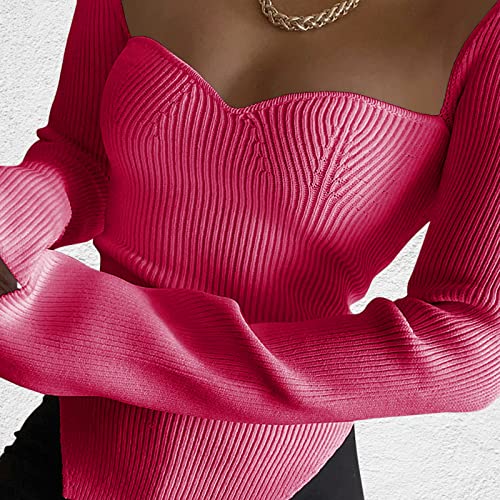 Image of Women's Square Neck Ribbed Knitted Sweater Long Sleeve Crop Slim Fitted Basic Pullover Tops