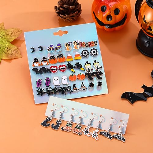 24 Pairs Hypoallergenic Halloween Stud Earrings Set for Women Teens Cute Pumpkin Spider Bat Black Cat Ghost Witch Candy Spooky Earrings Halloween Jewelry Fall Earring Set2