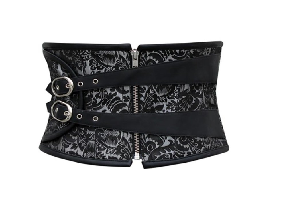 Black Brocade Leather Zipper Steampunk Bustier Waist Training Underbust Corset